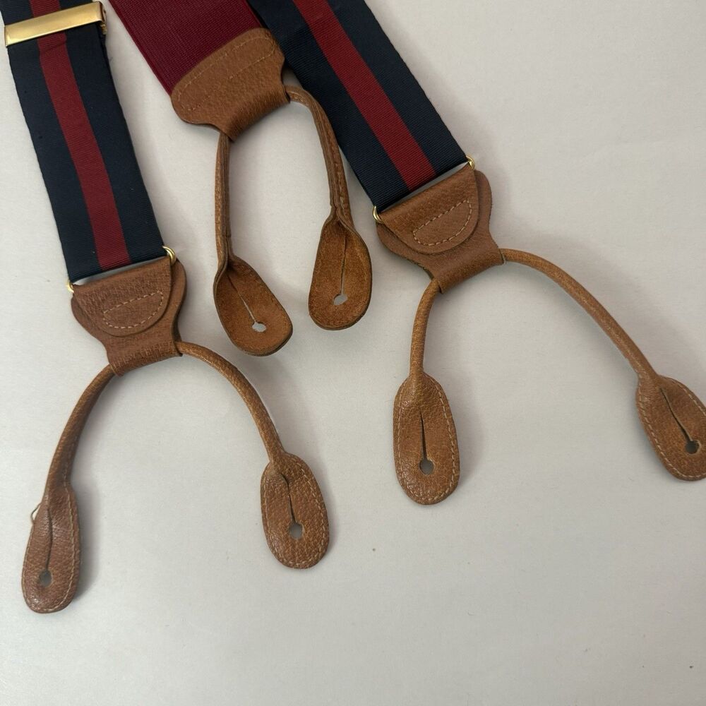 Trafalger Textured Navy Red Stripes Suspenders Gold Hardware Leather Attachments - Picture 10 of 12